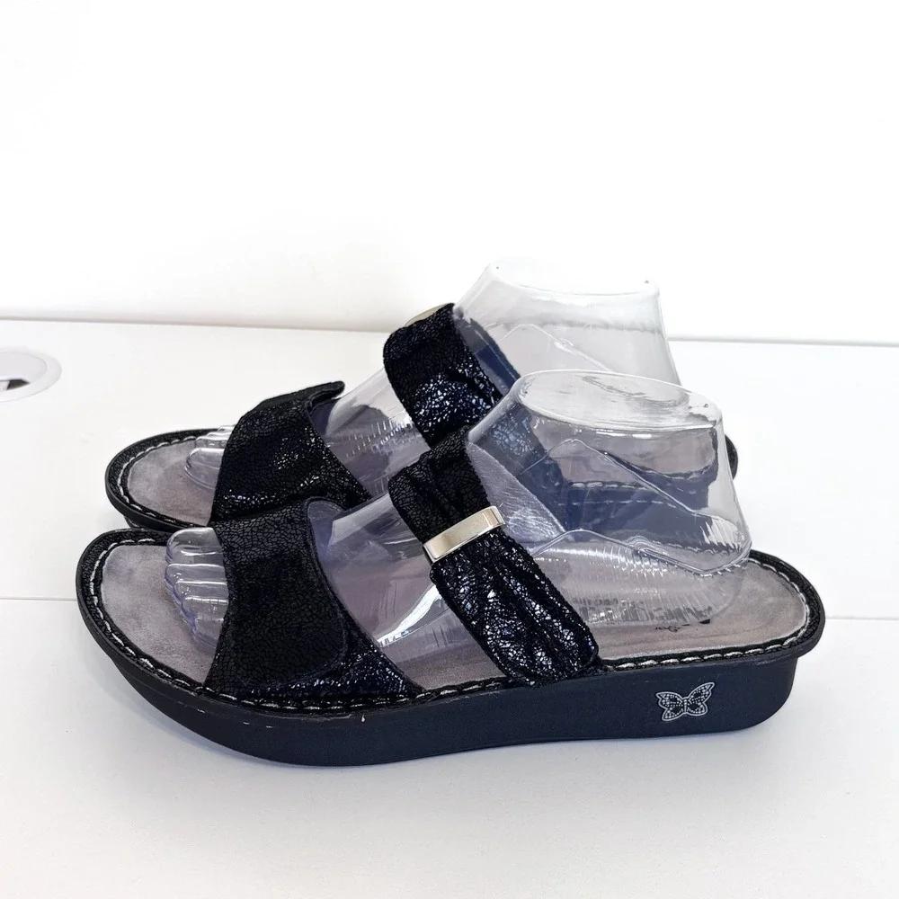 Alegria Karmen Double Strap Leather Slide Sandals Size 41 10.5-11Black Metallic